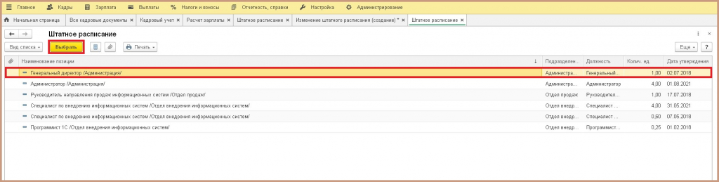 изменить позицию штатного расписания